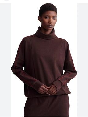 Varley Ariana Brown Cowl Neck Sweater with Red Stitching. EUC